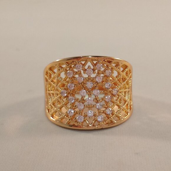 18K Yellow Gold Filled Wide Band Web White Diamond Zircon Ring Gorgeous Gift - Picture 1 of 12